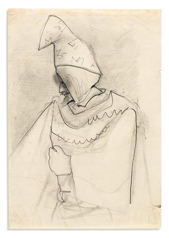 COCTEAU, JEAN. Ink and graphite drawing, unsigned, sketch showing a robed wizard in profile,